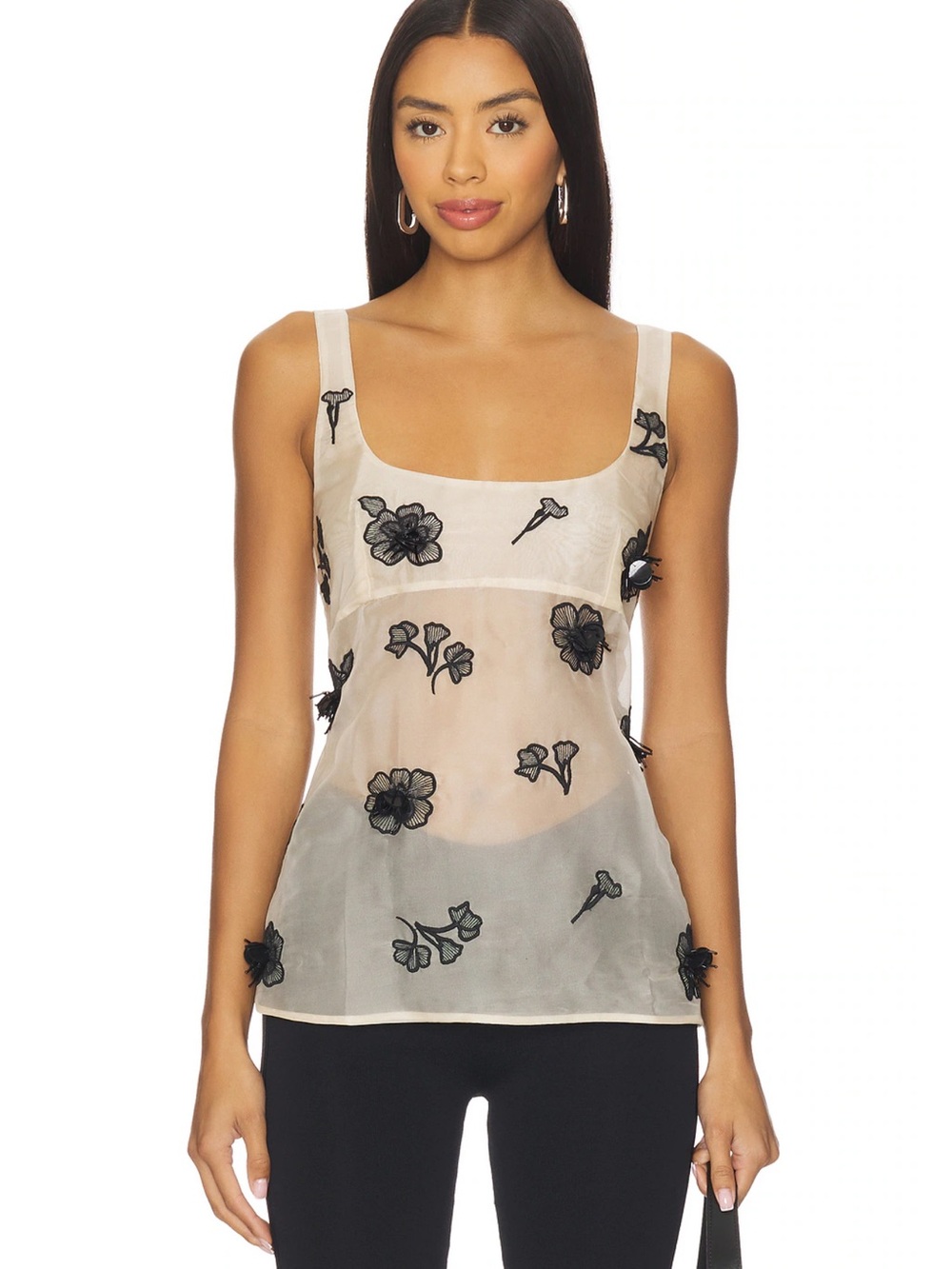 L'Academie Ivory Sheer Camisole with Black Floral Appliqués